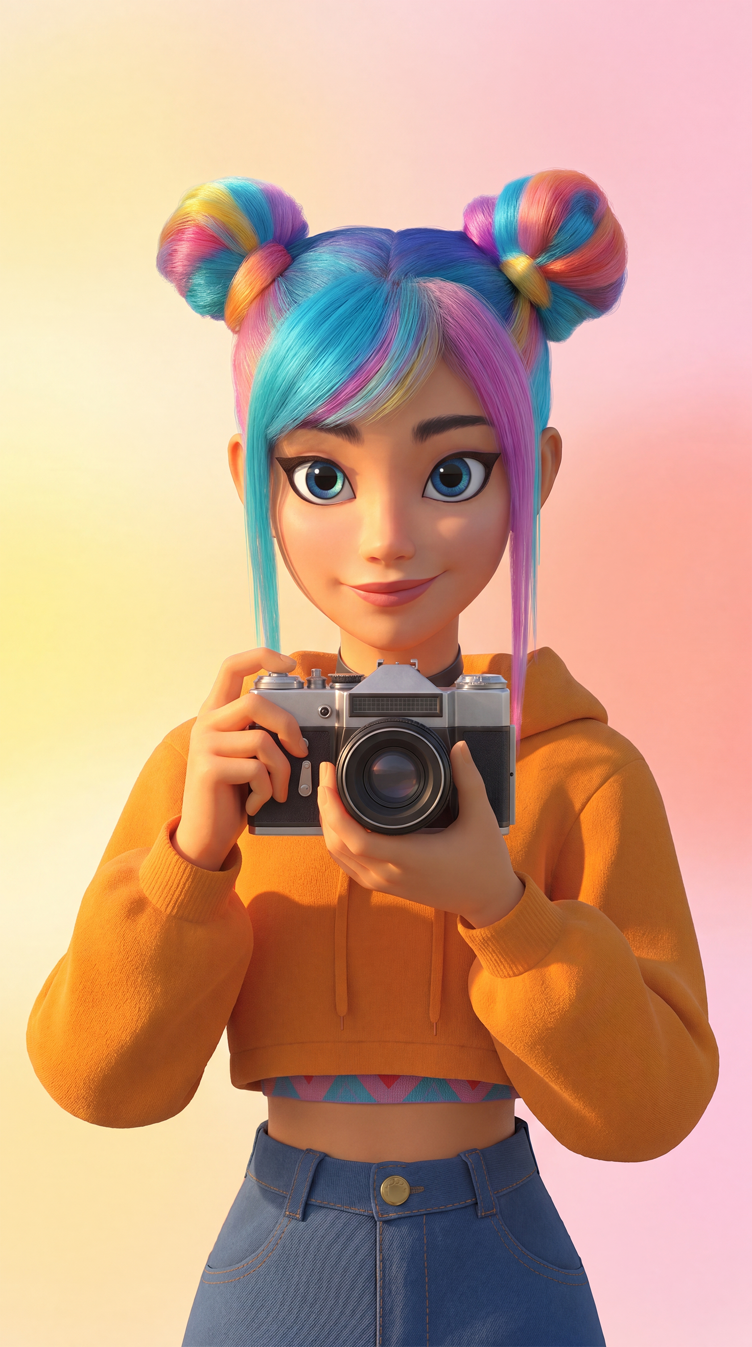 Kiki with rainbow hair buns and an orange hoodie, holding a camera
