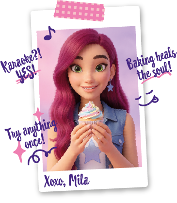 Mila with long crimson hair and a denim vest, holding a frosted cupcake