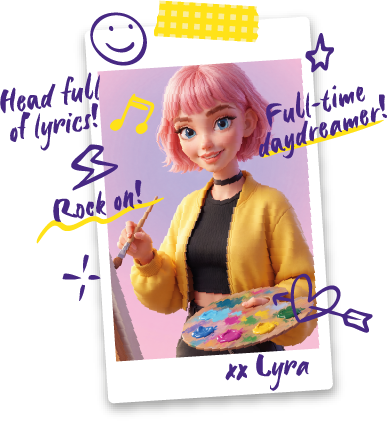 Lyra with short pink hair, holding a paintbrush and a paint palette