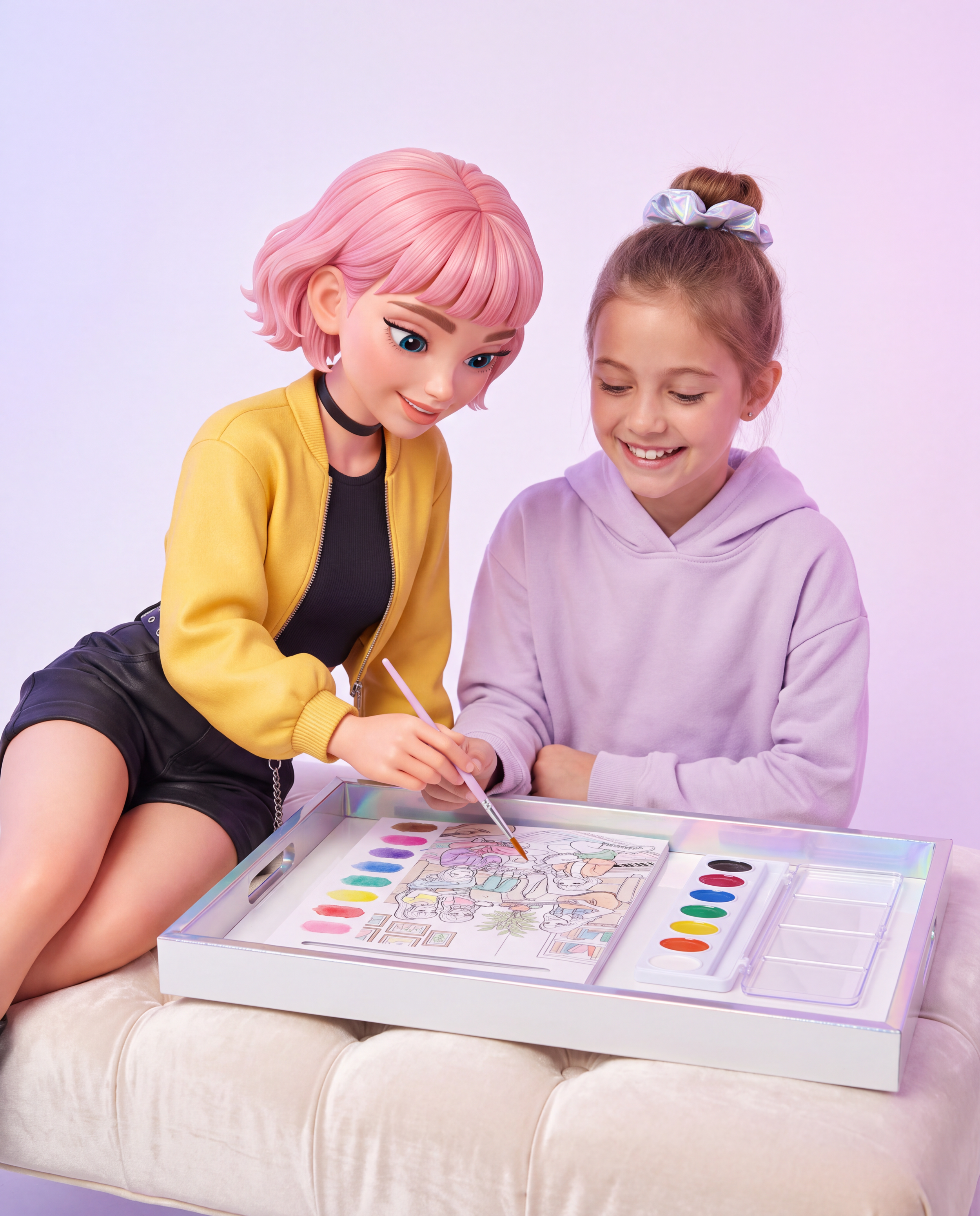 Lyra and a young girl painting together with a watercolour set