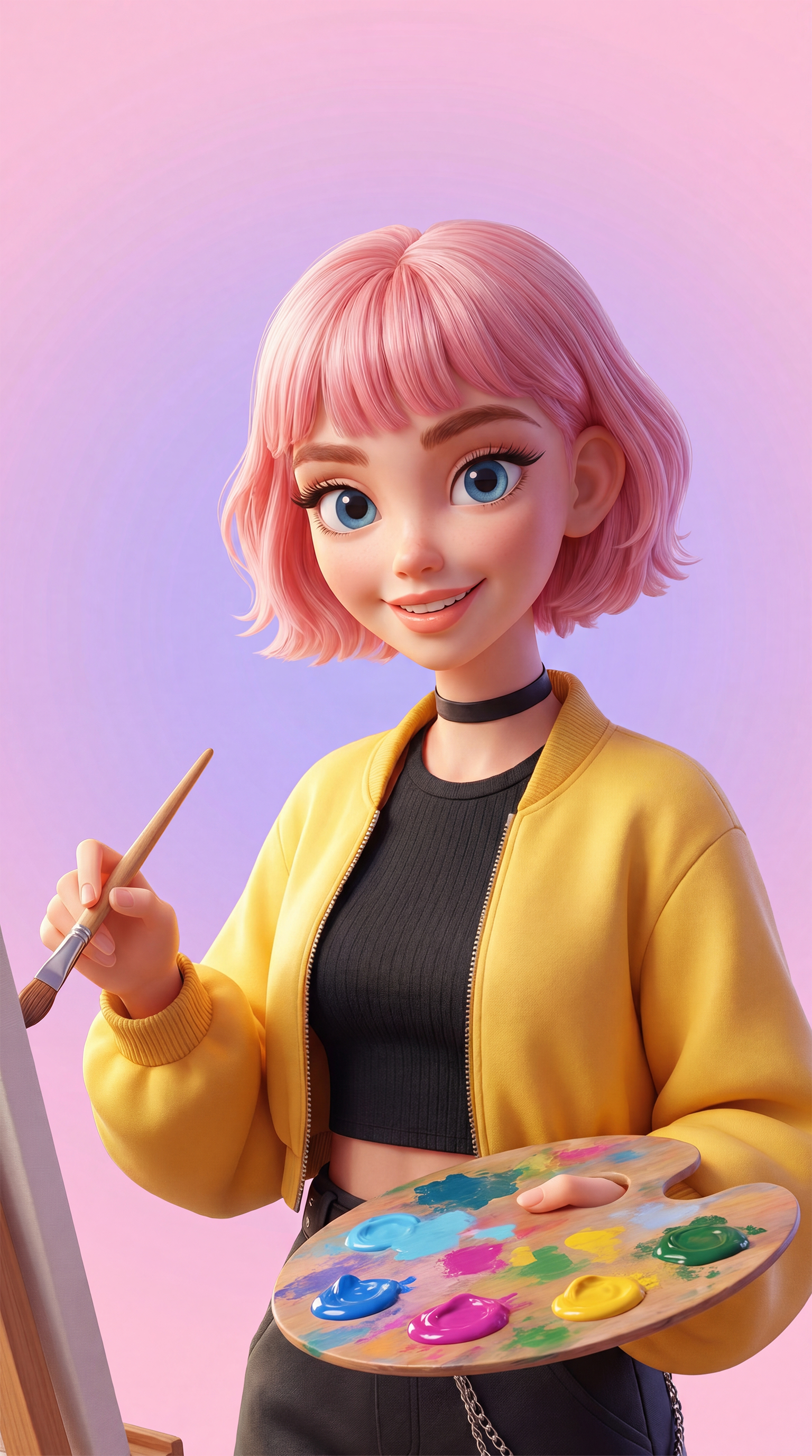Lyra with short pink hair and a yellow cardigan, holding a paintbrush and a paint palette