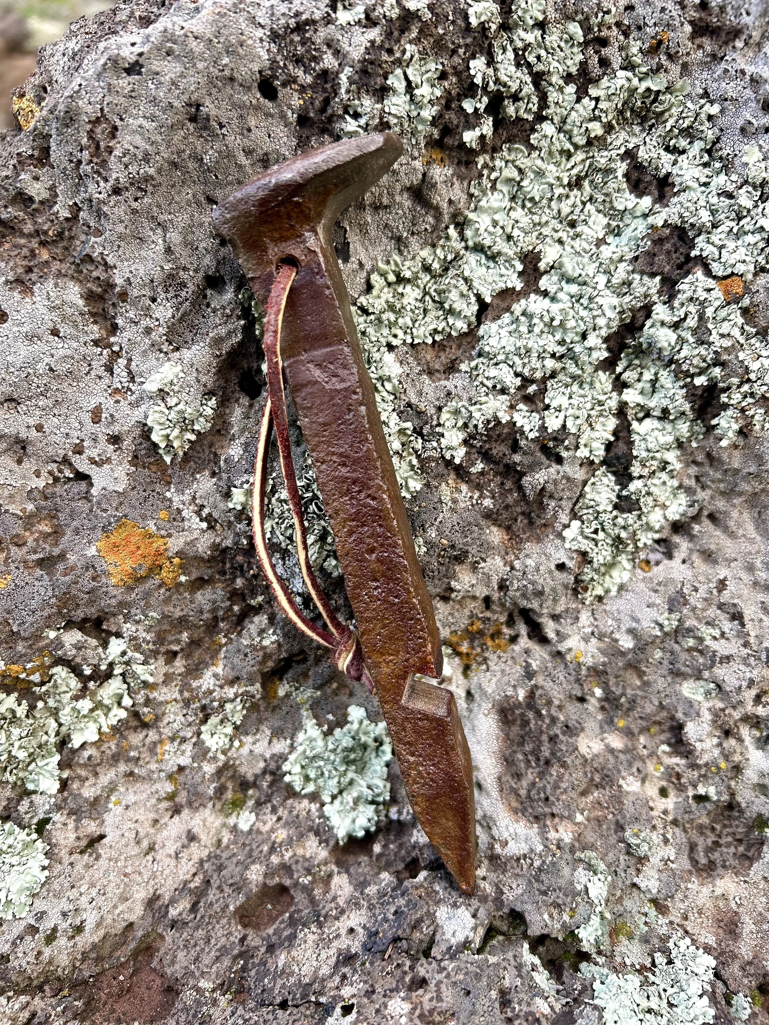 Handcrafted bottle opener made from a reclaimed railroad spike, showing the weathered texture and grain of the original iron with a smooth protective finish, displayed on lichen-covered lava rock.