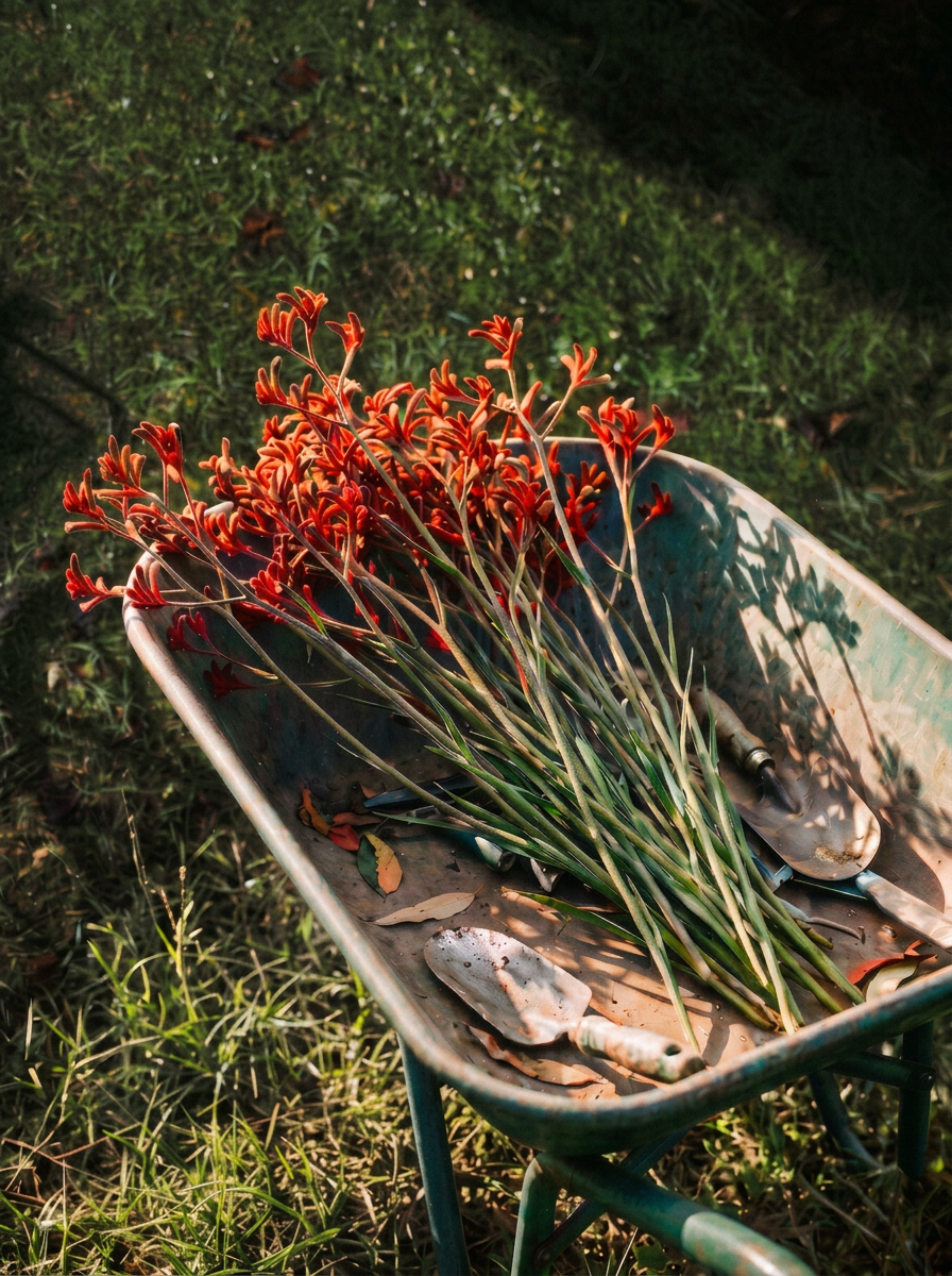 A rusty metal wheelbarrow filled with orange and red flowers, sitting on green grass in sunlight.