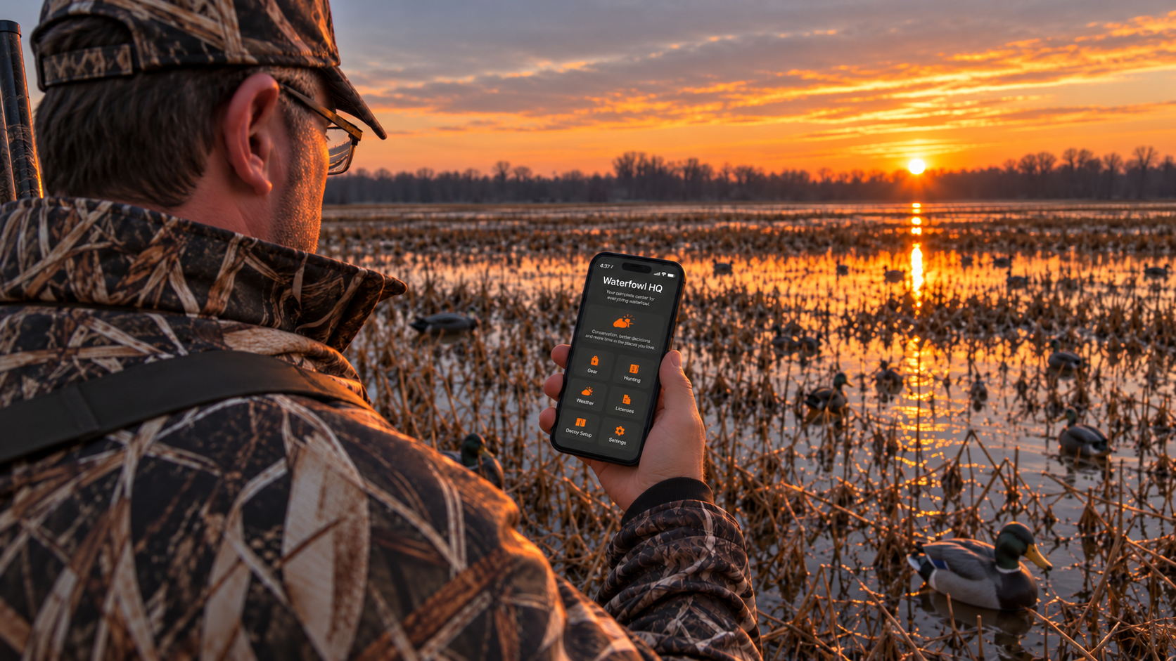 A person dressed in camouflage clothing holding a smartphone with an app open, standing in a marsh at sunrise with ducks swimming nearby.