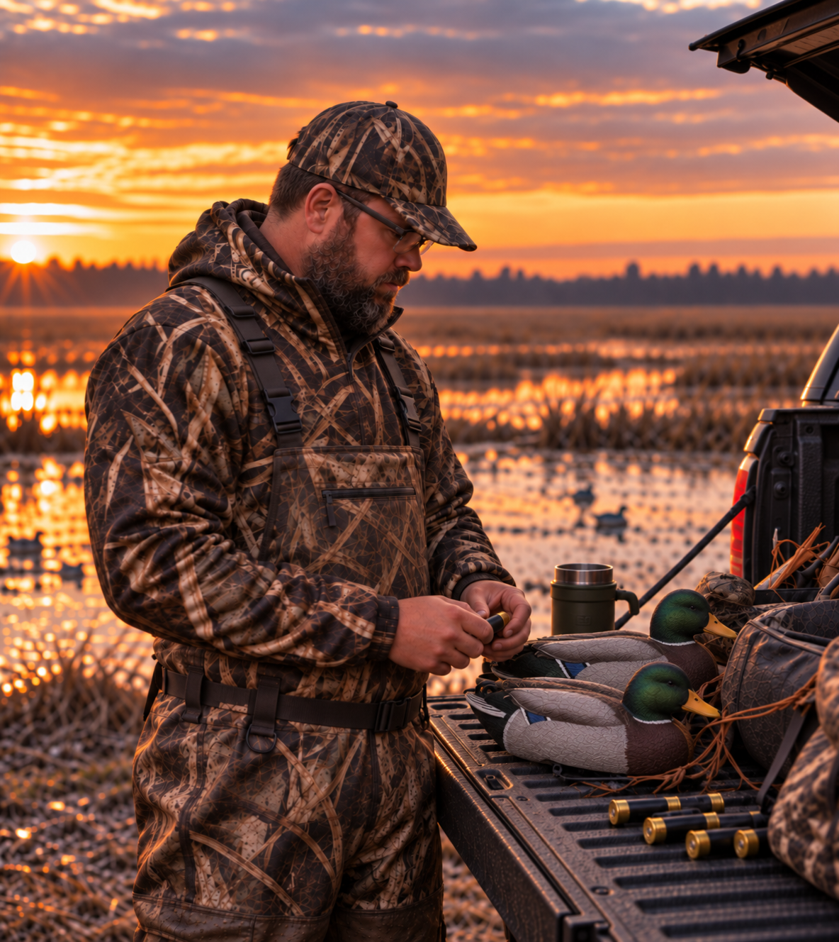 A man in camouflaged hunting gear standing next to a truck bed with hunting accessories, ducks, and shells, during sunset over a marsh.