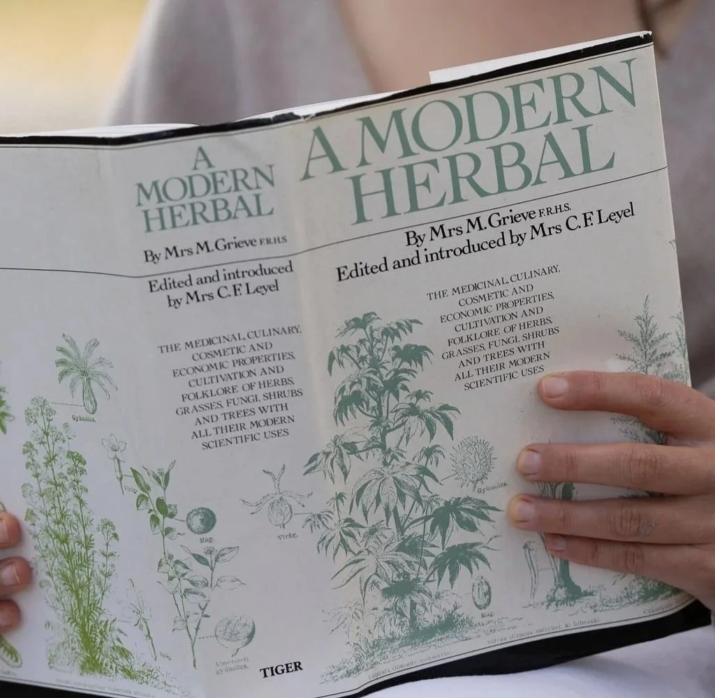 A person holding an open book titled 'A Modern Herbal' with illustrations of various plants on the pages.