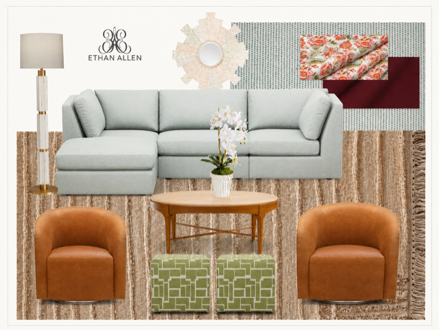 Living room with light gray sectional sofa, two brown armchairs, wooden coffee table with white orchid, patterned rug, tall floor lamp, decorative mirror, fabric samples, and textured wall art.