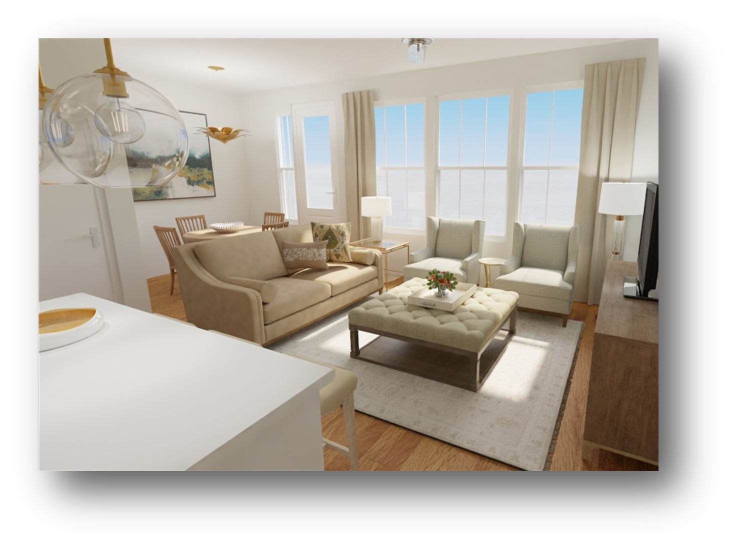 Bright living room with large windows, beige sofa, two matching armchairs, tufted ottoman with flowers, TV, and dining area in background.
