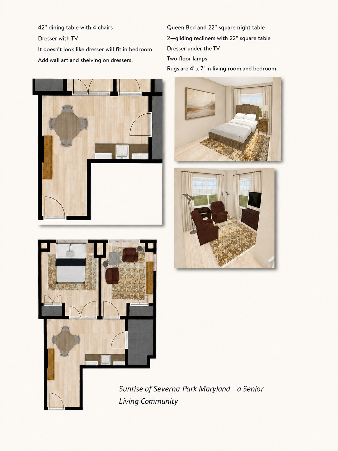 Floor plan and interior photos of Sunrise of Severna Park, Maryland senior living community. Includes layouts of two bedrooms, bathrooms, dining, living areas, and bedrooms.