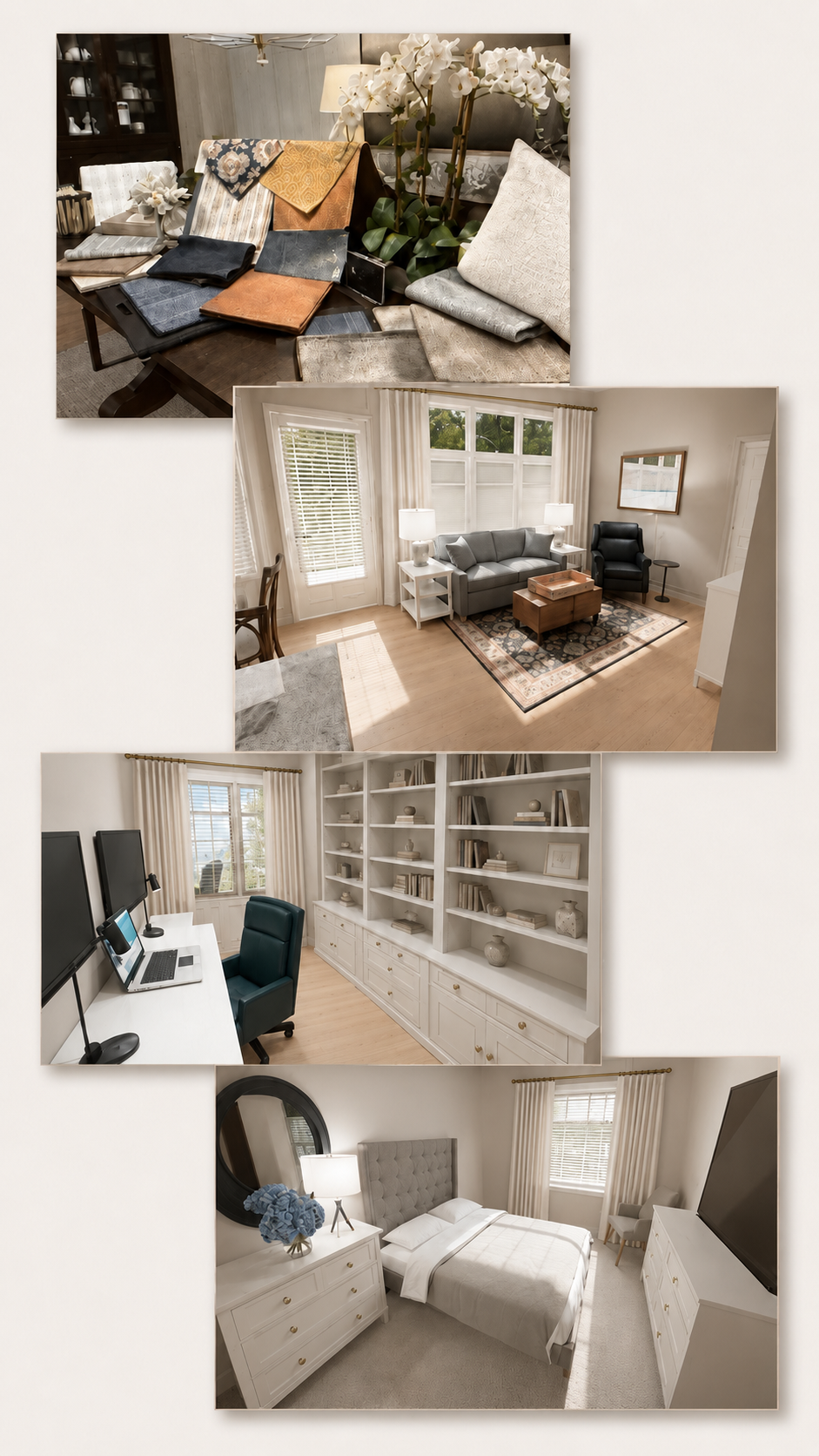Set of four interior rooms including a fabric swatch display table, a living room with gray sofa and armchair, a home office with desk and bookshelves, and a bedroom with a white dresser and mirror.