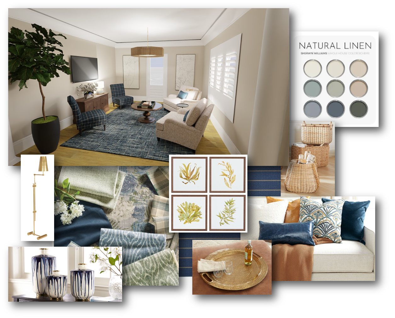 Living room with beige walls, wooden floor, white and plaid upholstered furniture, navy blue and plaid cushions, a blue patterned rug, potted plant, wall art, a window with white plantation shutters, and a small wooden coffee table.
