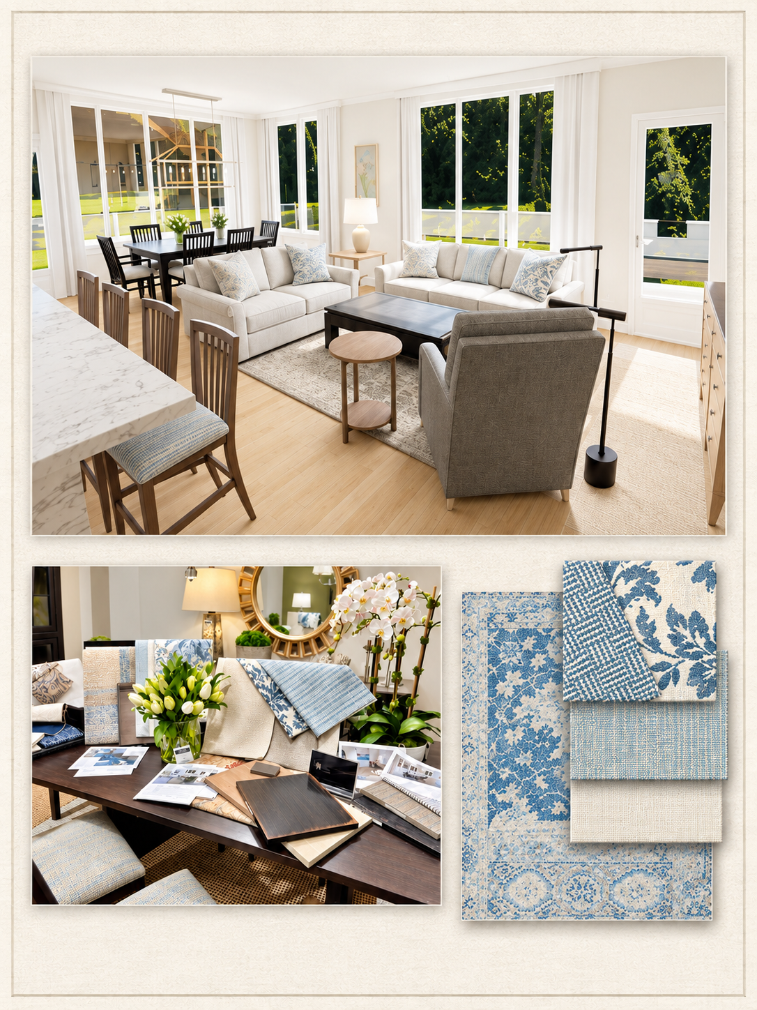 Living room with white sofas, armchair, black coffee table, dining area with black table and chairs, large windows with white curtains, wood flooring, and decorative pillows. Second image shows fabric samples and interior design materials with blue and white patterns, and a table with samples, flowers, and magazines.