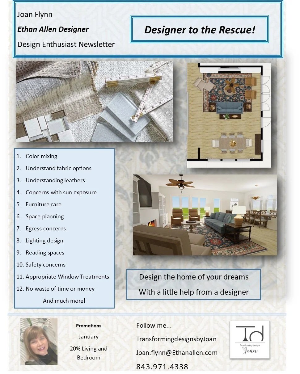 A design newsletter from Joan Flynn, featuring interior design tips, layout plans, fabric and furniture images, contact info, and a promotional message about home design assistance.