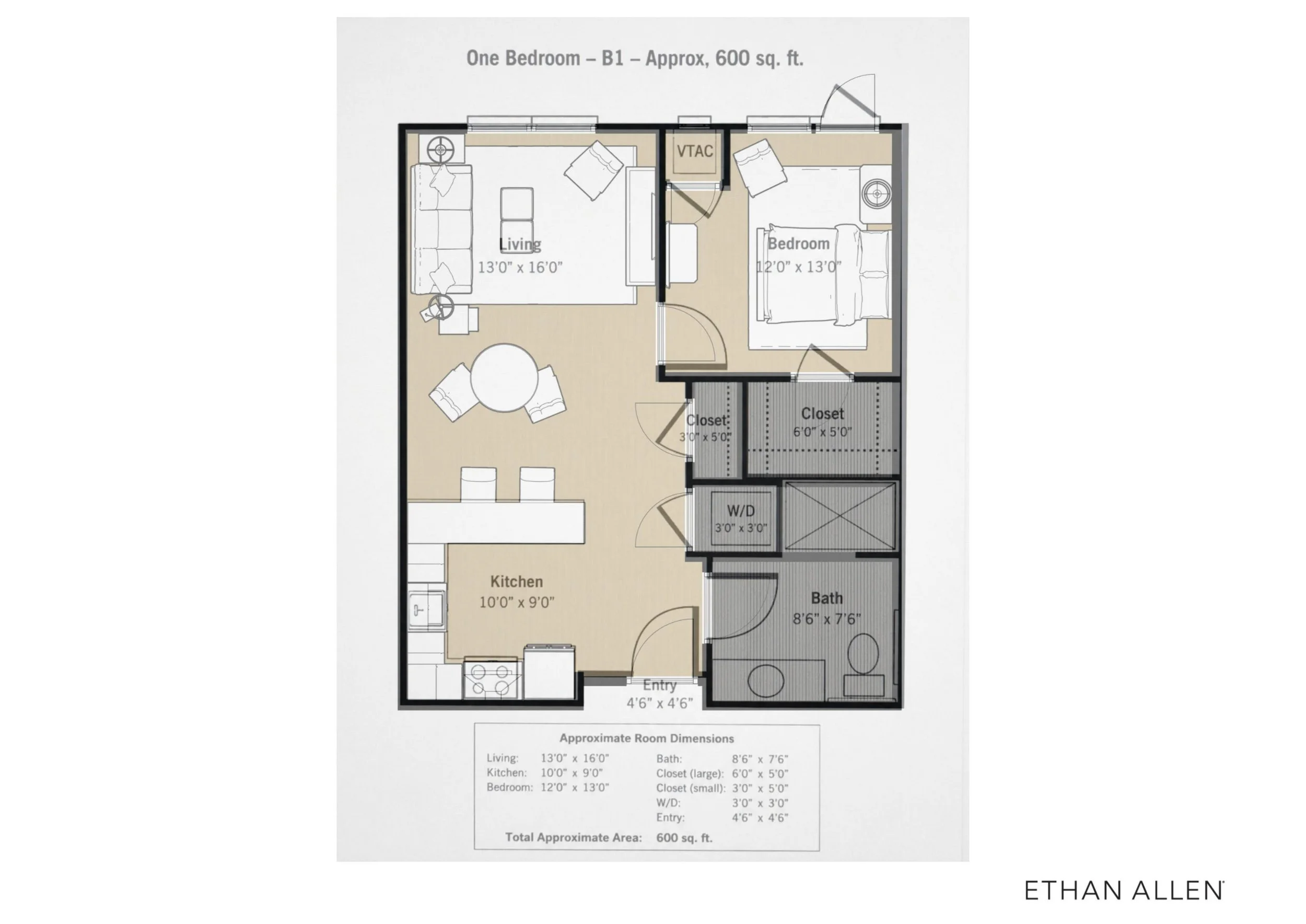 Floor plan of a one-bedroom apartment with rooms labeled living room, bedroom, kitchen, bathroom, closets, and entry, with dimensions provided for each room.