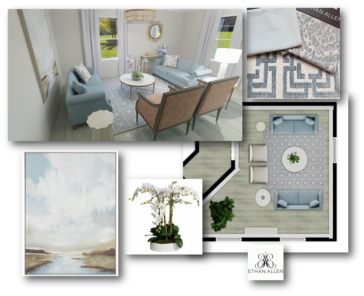 Living room with light blue sofas, a round coffee table, matching rugs, and a chandelier. Photos of a lake landscape and a potted orchid are also shown, along with a folded fabric pattern sample and a top-down view of the room layout.