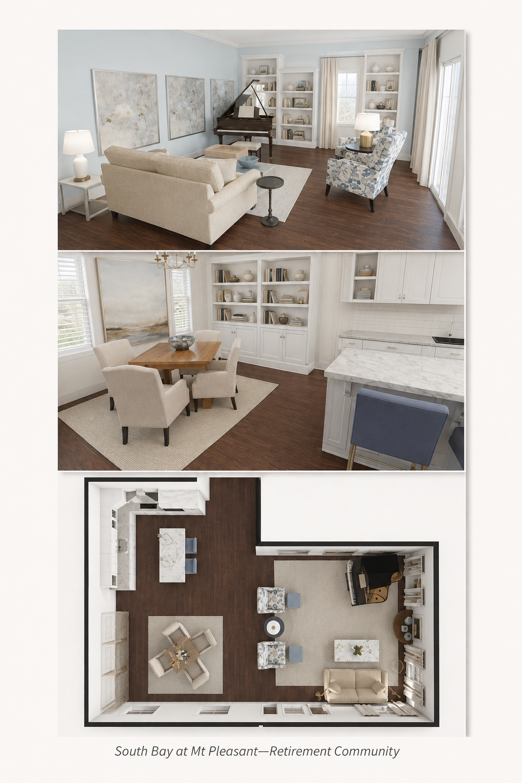 Interior design concept for South Bay at Mt Pleasant, featuring living, dining, open concept spaces.