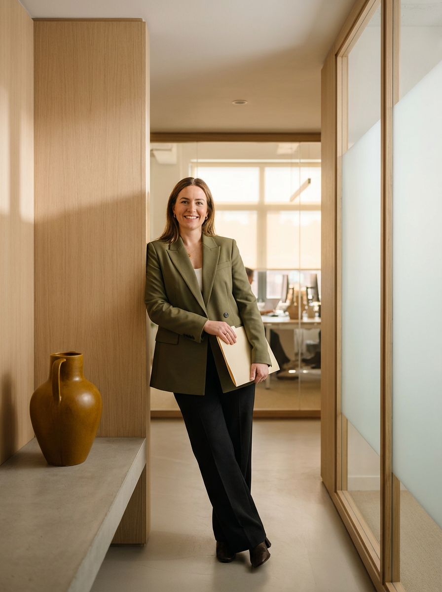 A woman in a green blazer and dark pants standing in a modern office hallway, smiling and holding a folder. There is a decorative vase on a table next to her and office workspaces with computers in the background.