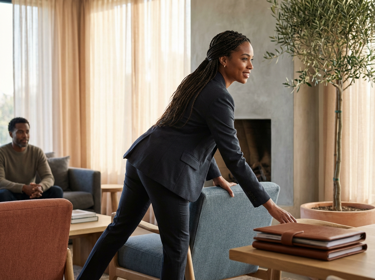 A woman in a dark business suit is setting down a brown folder on a wooden table in a modern, brightly lit office or meeting room, with a man sitting on a sofa in the background, and large windows with beige curtains and a potted plant in the room.