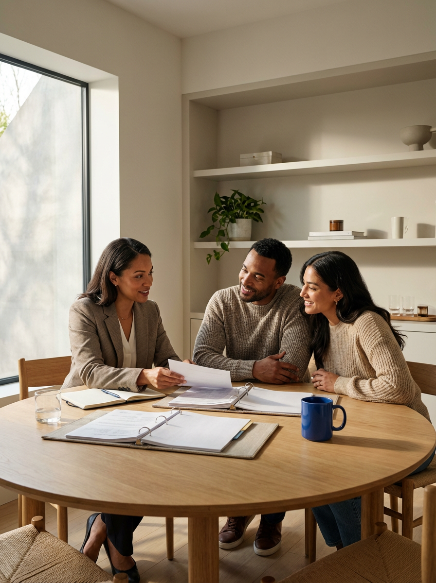 Three people sitting at a round wooden table, looking at documents and smiling, indoors with large window and minimalist shelves in the background.