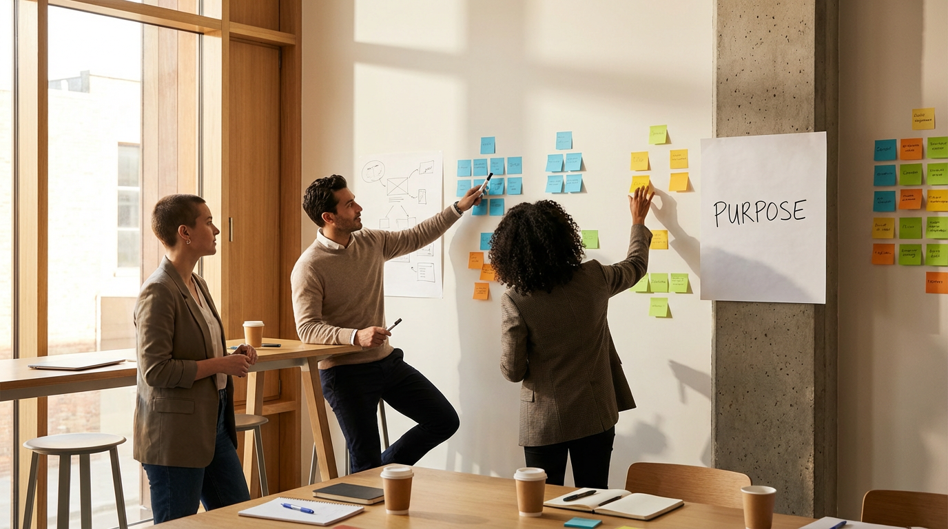 Three people in a meeting room, collaborating on a project with Post-it notes on a whiteboard, with the word 'PURPOSE' written on a paper.