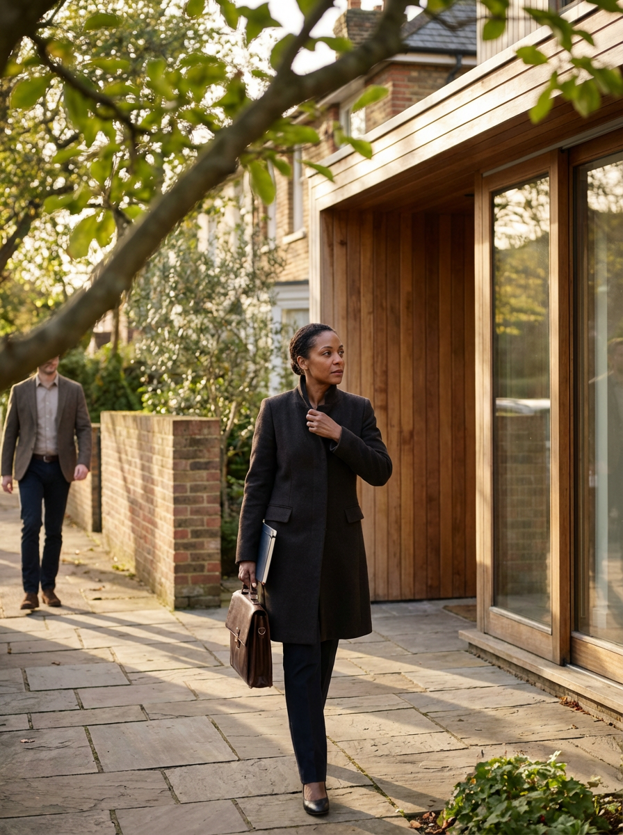 A professional woman walking outside a modern house, carrying a briefcase and a folder, with another person in the background on a sidewalk lined with trees and shrubs during daytime.