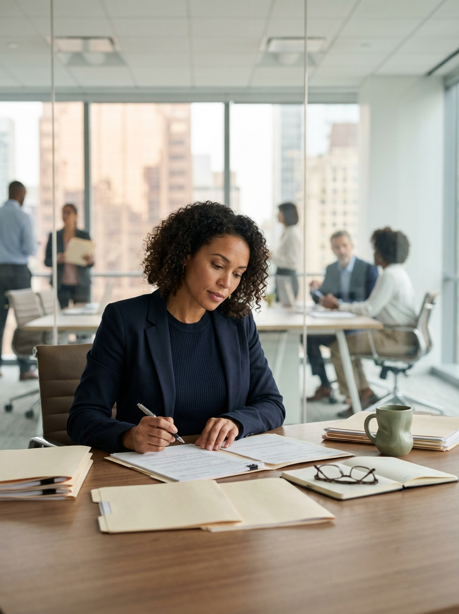 A woman in a navy blazer writing on documents at a desk in a modern office with large windows and city views. In the background, several colleagues are talking and working.