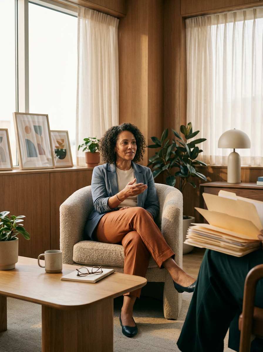 Woman in a blue blazer and orange pants sitting on a beige armchair, talking with another person in an office setting with wooden paneling, plants, artwork, and a lamp.