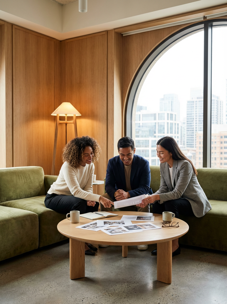 Three people sitting on a green sofa in a meeting room, looking at documents and smiling. There are coffee mugs, glasses, and photos on the round wooden table in front of them. A large arched window showing a cityscape is in the background.
