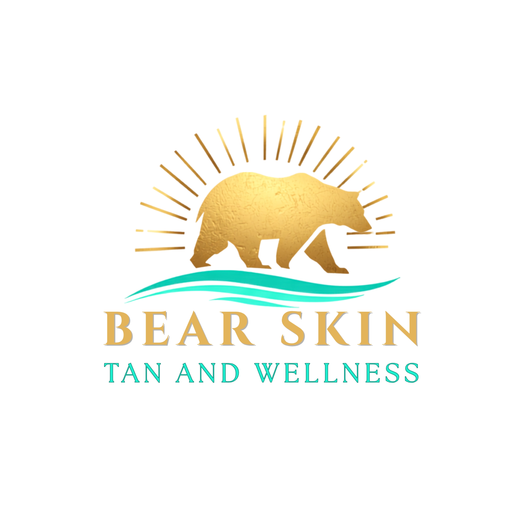 Logo for Beard Skin, a wellness and tan business, featuring a bear silhouette with a cracked skin texture, a sunburst behind it, and colorful horizontal lines.