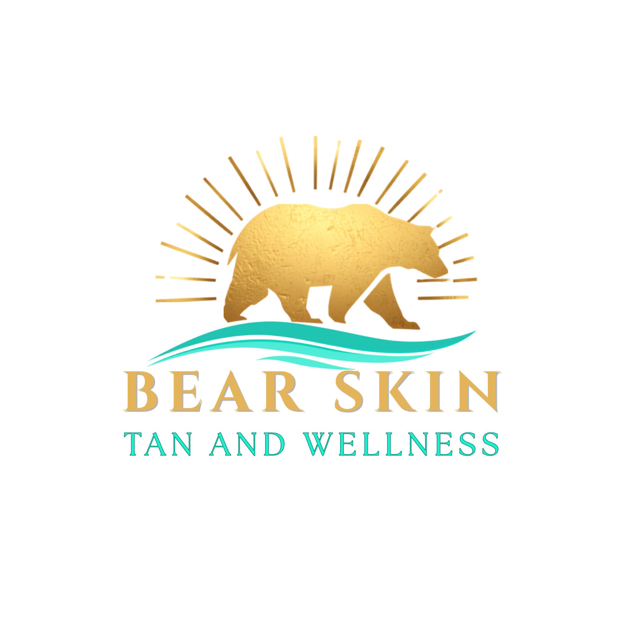 A logo with a yellow bear face and sun rays, with text underneath that reads "BEAR SKIN TAN AND WELLNESS" in colored letters.