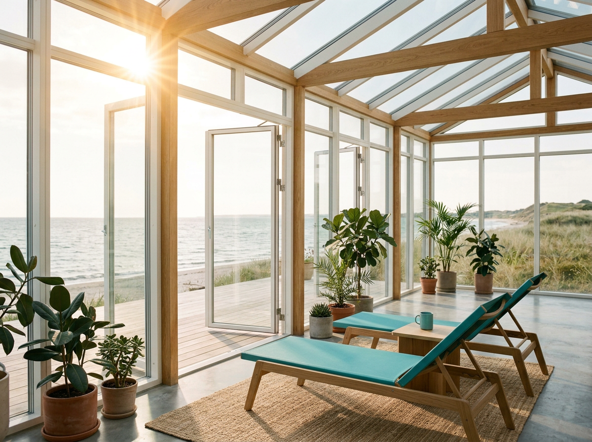 A bright sunlit sunroom with large glass windows and ceiling, outdoor beach and ocean view, two turquoise lounge chairs, a small wooden table, several potted plants, and a beige rug.