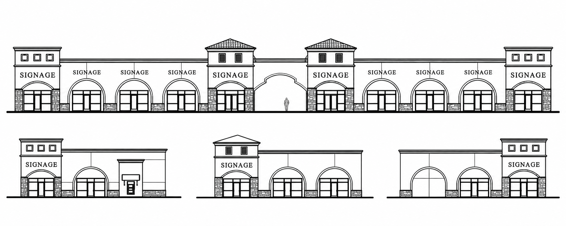 Commercial storefront architectural elevations by Timber & Iron Construction Company