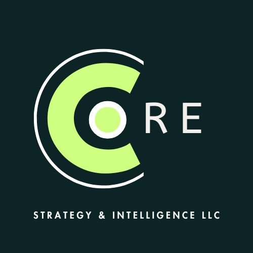 Logo for Core Strategy & Intelligence LLC with a green and white circular design and text on a dark background. Data Privacy, AI Governance, WISP, risk & compliance.