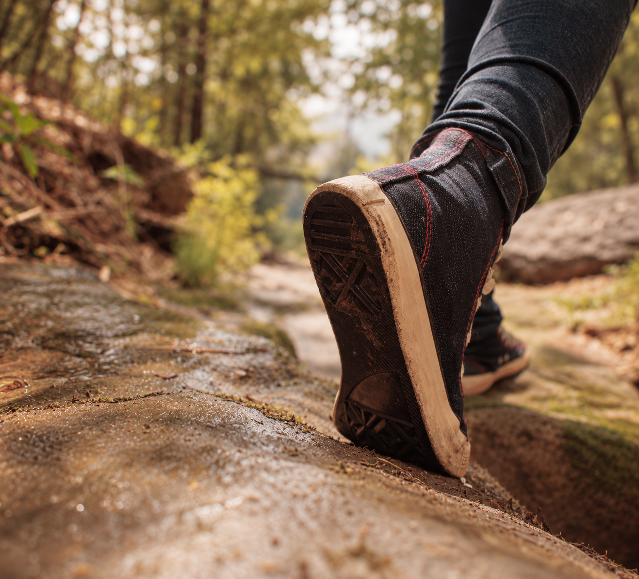 Close-up of a hiking boot stepping onto a rock on a forest trail