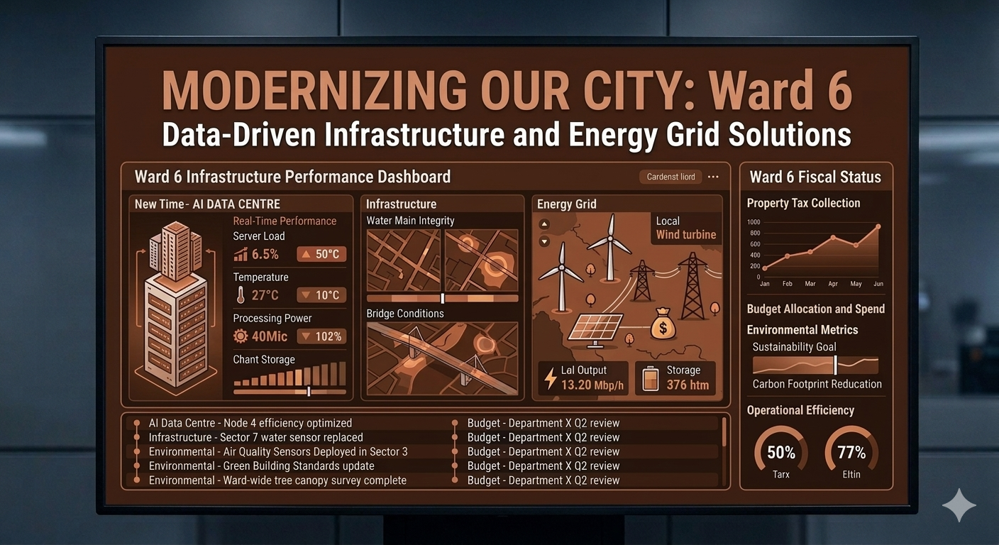 A digital display board showing data and metrics for modernizing Ward 6 city infrastructure with information on infrastructure performance, energy grid, fiscal status, environmental metrics, and project updates.