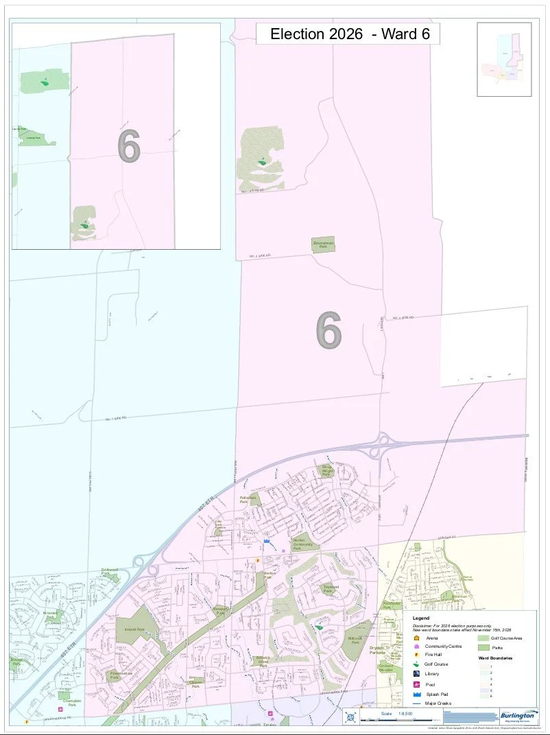 Map of Ward 6 for the 2026 election in Burlington, showing boundaries, parks, a community center, a library, a pool, golf courses, a fire hall, and various streets.
