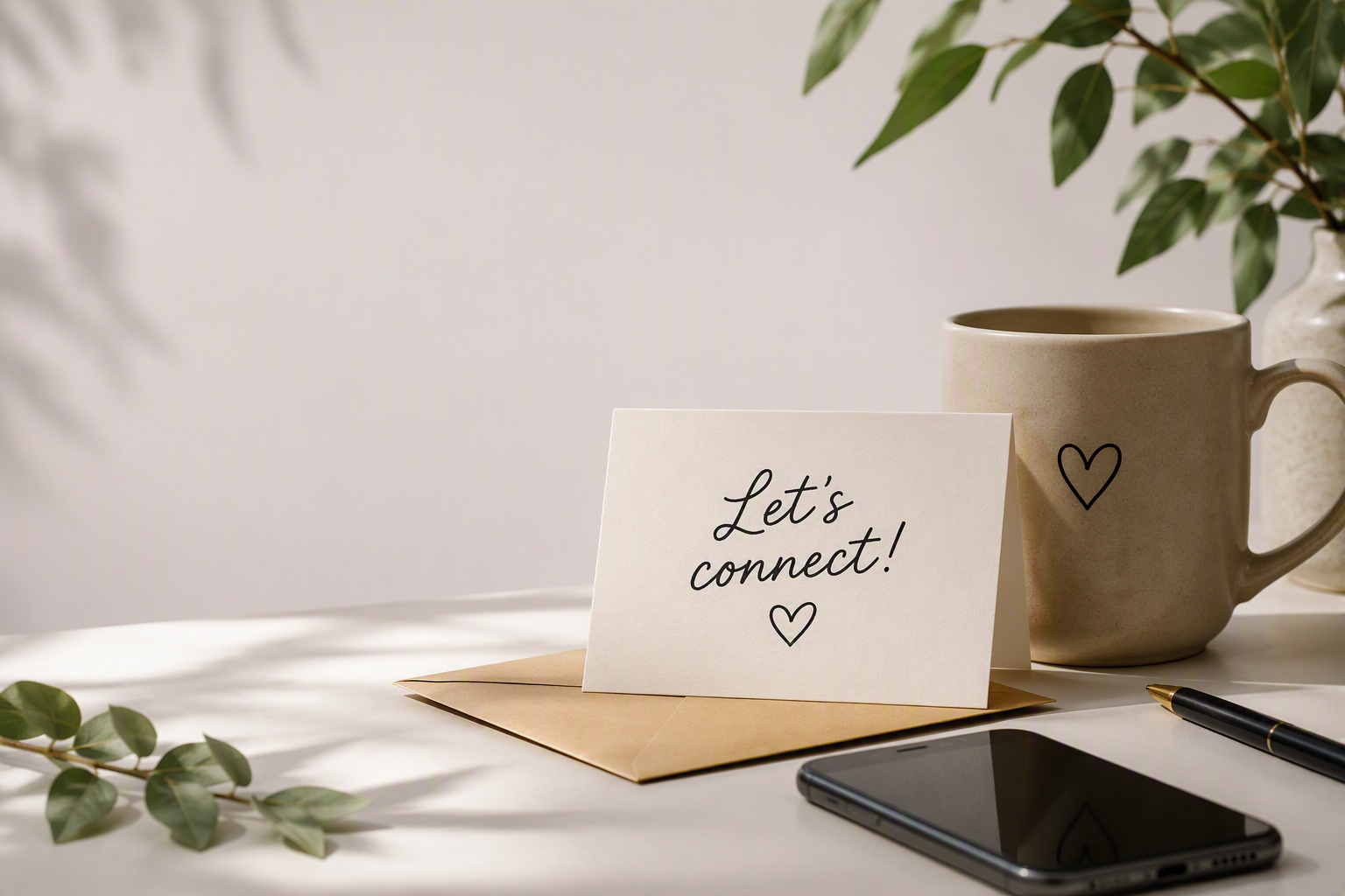 A handwritten note on a white card reads 'Let's connect!' with a small heart drawing. The note is propped on an envelope on a white surface. Nearby are a beige ceramic mug with a black heart, a smartphone, a black pen, and some greenery in the background.