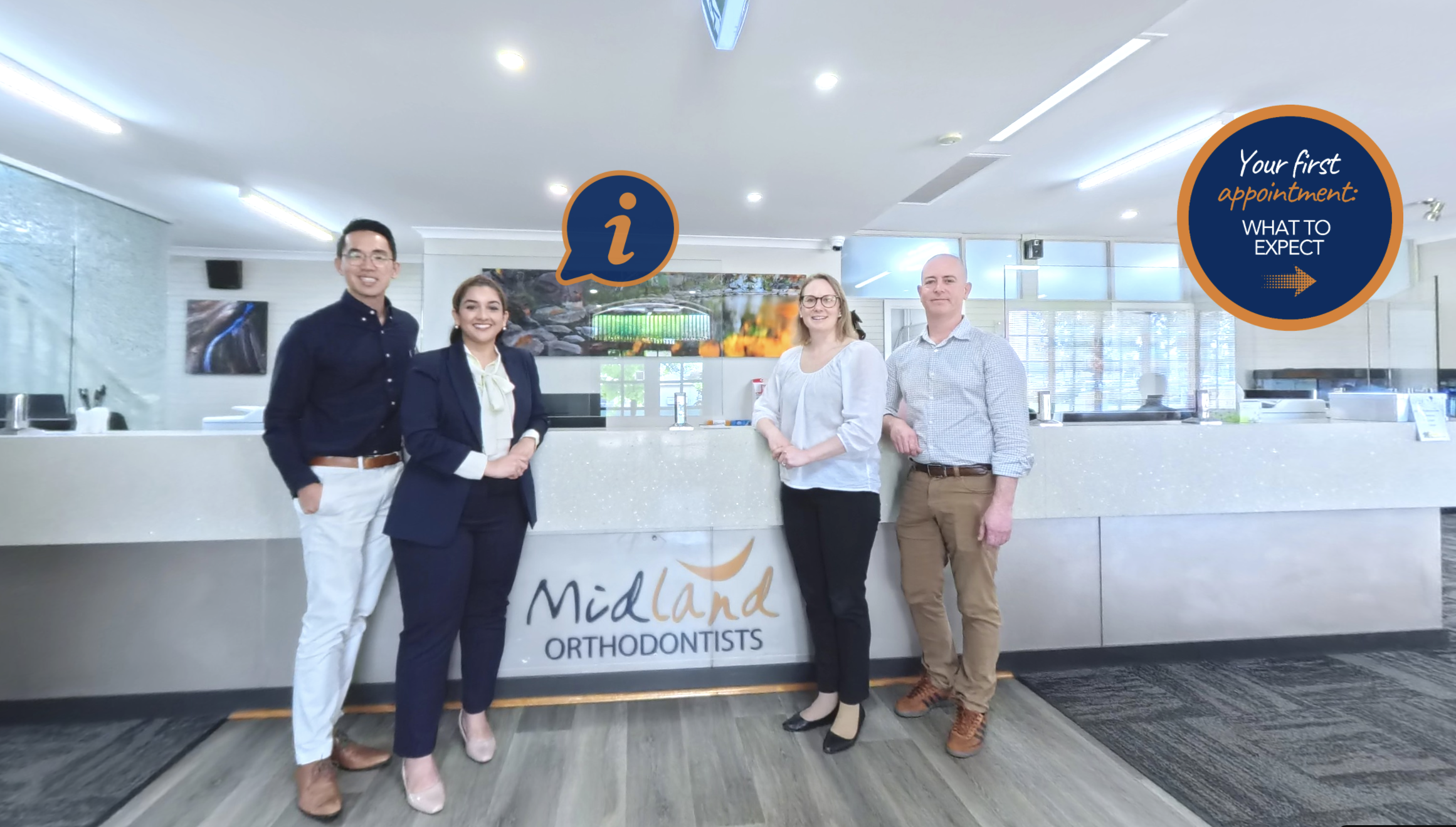 Four people standing behind a reception desk in a modern office, smiling at the camera. The sign on the desk reads 'Midland Orthodontists.' Two digital signs are hanging from the ceiling, one with an info icon and the other with appointment information.