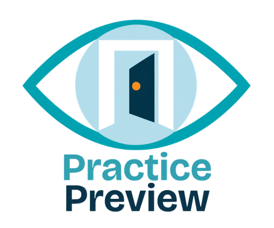 Logo with an eye shape framing a door with an open door and a small orange dot, above the text 'Practice Preview'