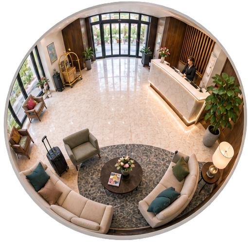 Hotel lobby with a circular seating area, a reception desk with a receptionist, large windows, and decorative plants.