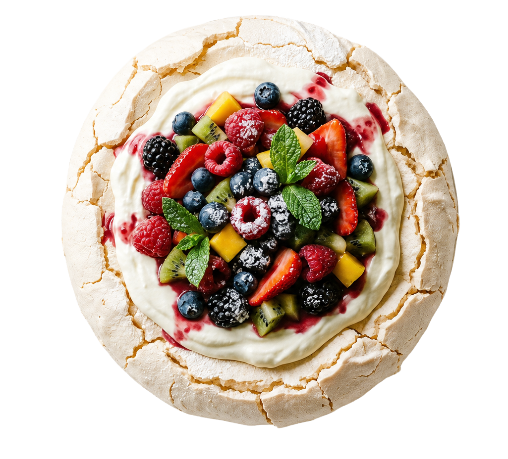 A pavlova dessert topped with mixed berries including strawberries, blueberries, blackberries, and raspberries, garnished with mint leaves and dusted with powdered sugar.