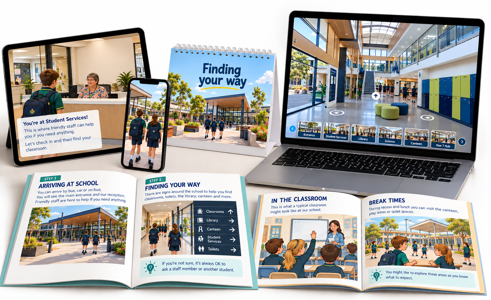 Digital images and open book guides showing a school campus with students arriving, walking through the school, and inside classrooms, with navigation on a laptop screen and informational text about school procedures.
