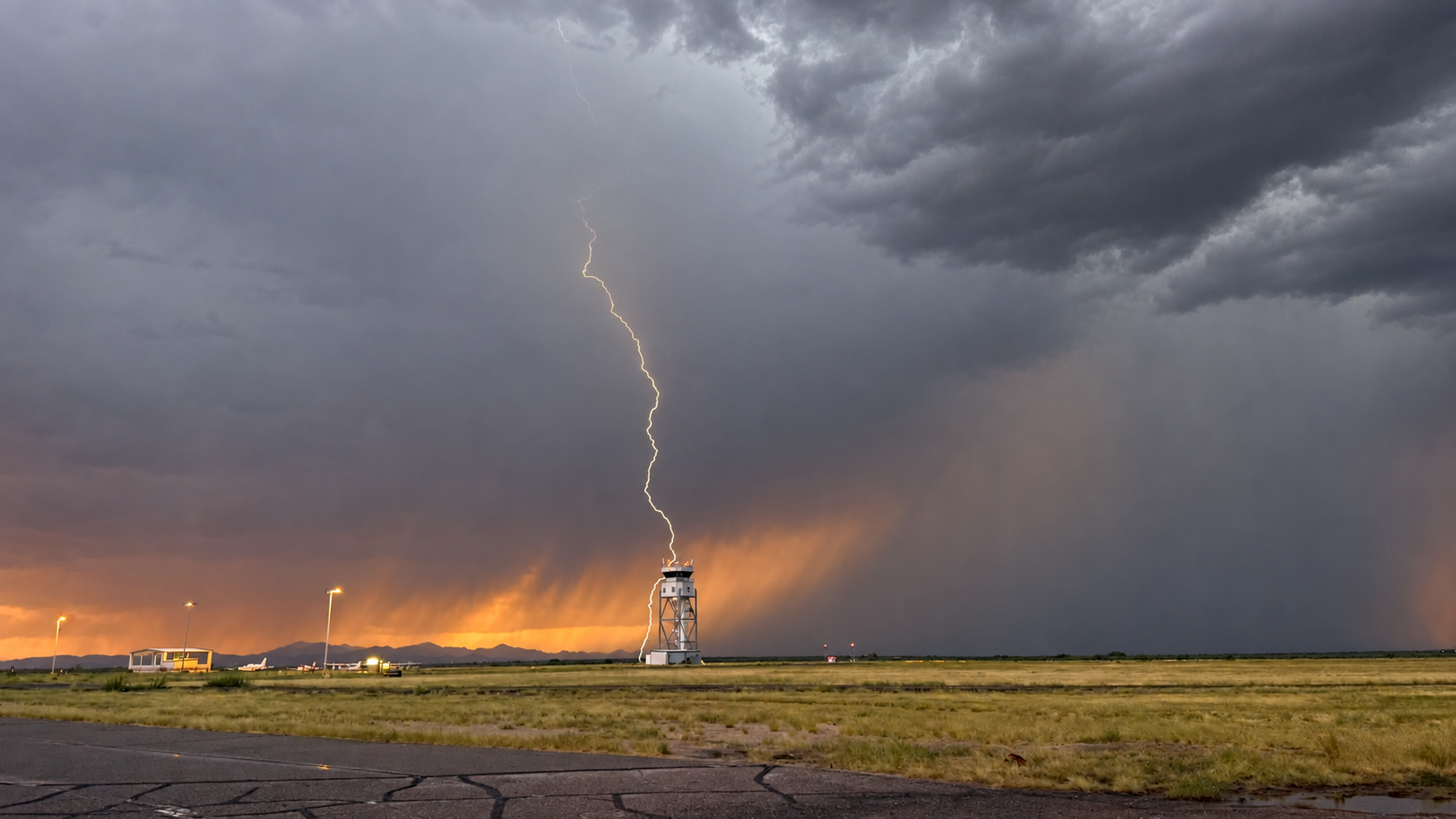Lightning strikes near a weather station tower on a stormy landscape during sunset with dark clouds overhead.