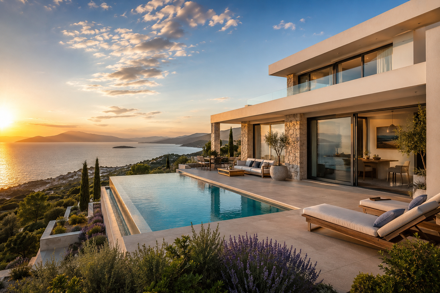 Vue d'une maison moderne avec piscine à débordement au coucher du soleil, vue sur la mer et des montagnes en arrière-plan.