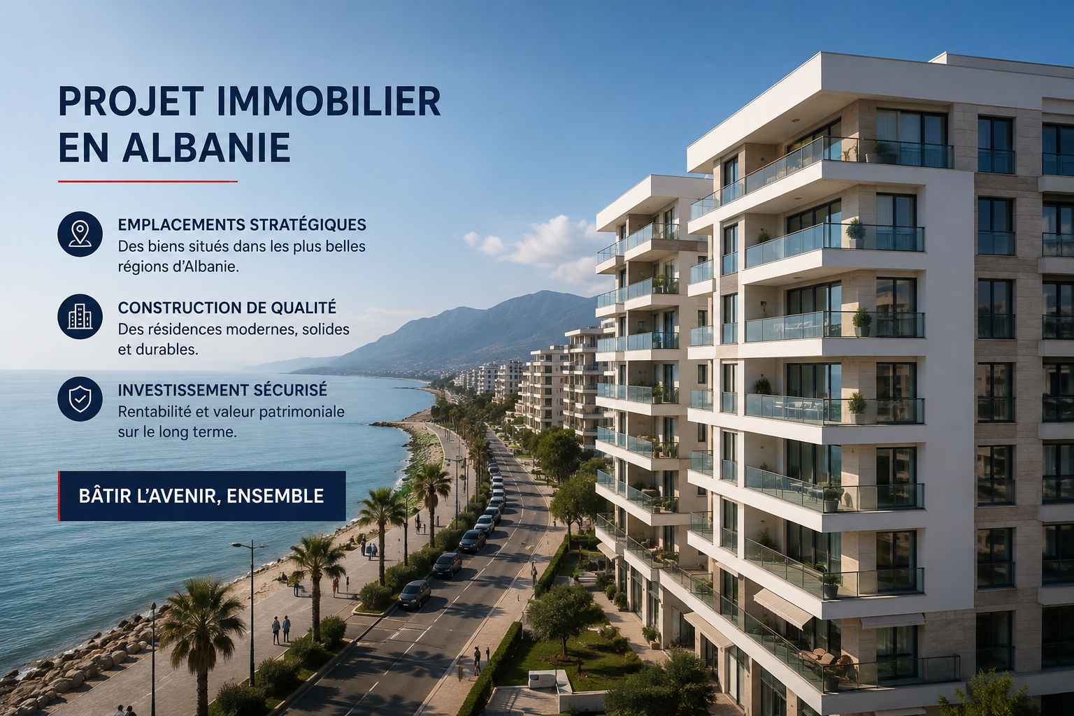 Une affiche promotionnelle pour un projet immobilier en Albanie avec une vue sur la mer, des bâtiments modernes et le slogan 'Bâtir l'avenir, ensemble'.