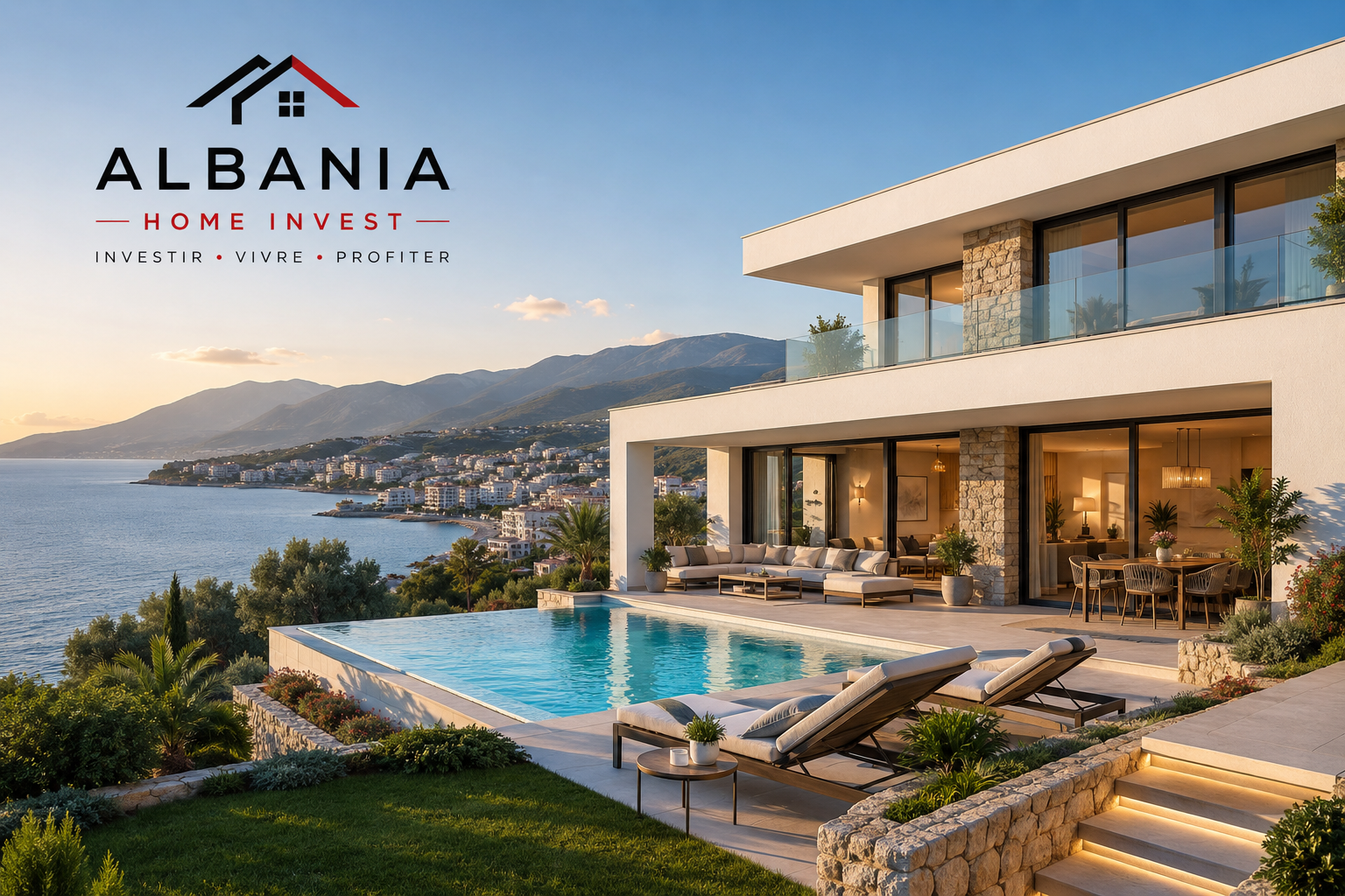 Vue d'une maison moderne avec piscine, terrasse et vue sur la mer et les montagnes au coucher du soleil.