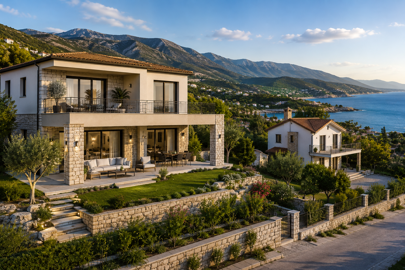Villa moderne avec terrasse et jardin, avec vue sur la mer, montagnes en arrière-plan, ciel clair et paysage verdoyant.