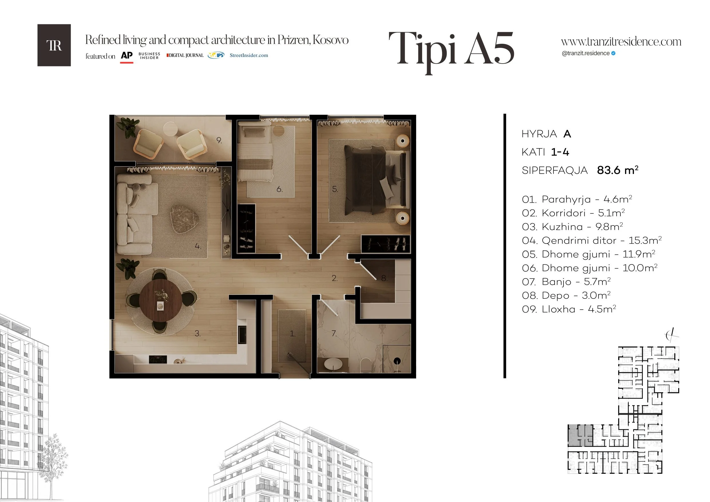 Tranzit Residence à Prizren — plan illustré original A5, entrée A, étages 1 à 4, 83,6 m² et deux chambres.