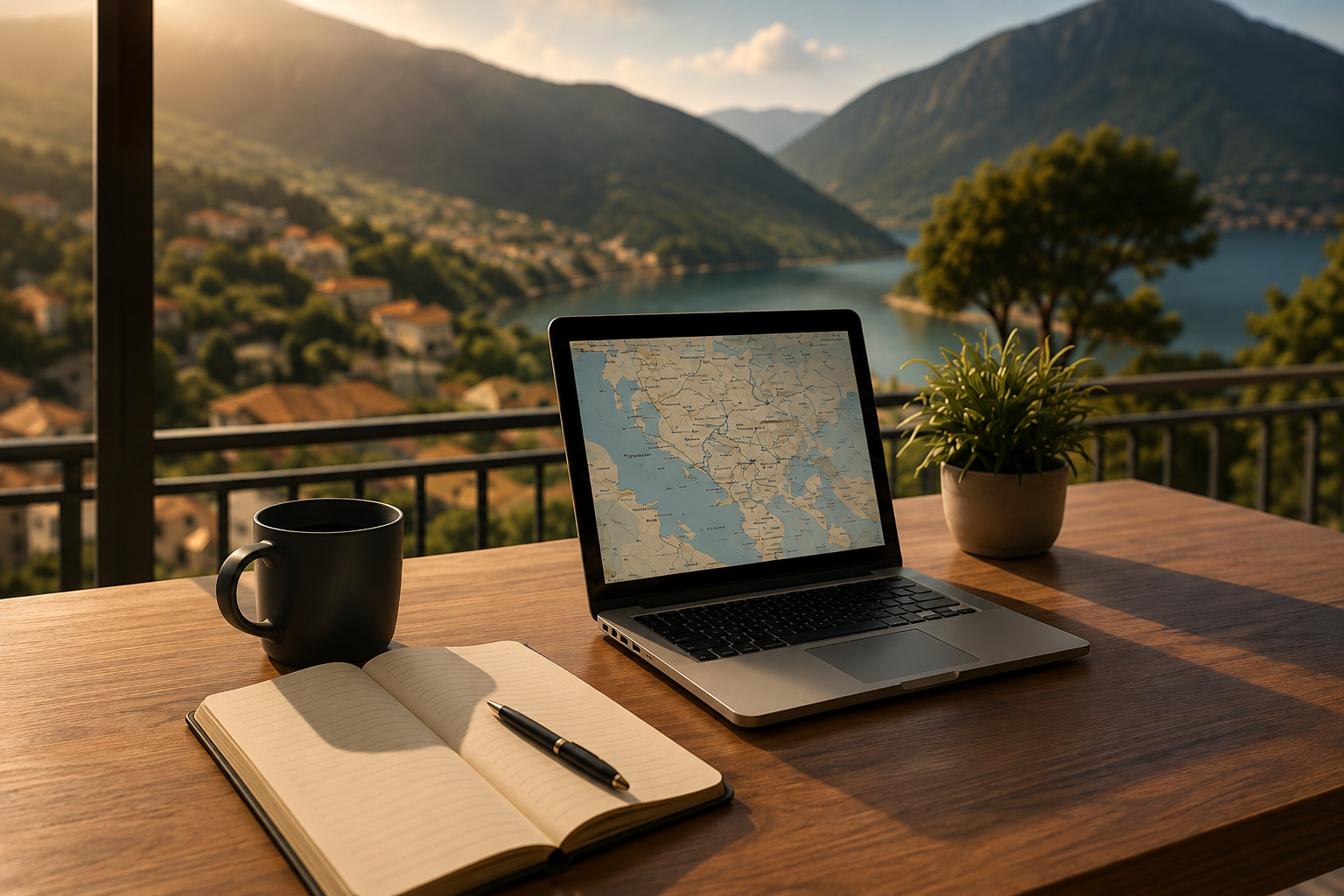 un bureau en bois avec un ordinateur portable affichant une carte, un carnet ouvert avec un stylo, une tasse noire, et une plante en pot, avec un paysage de montagne et un lac en arrière-plan