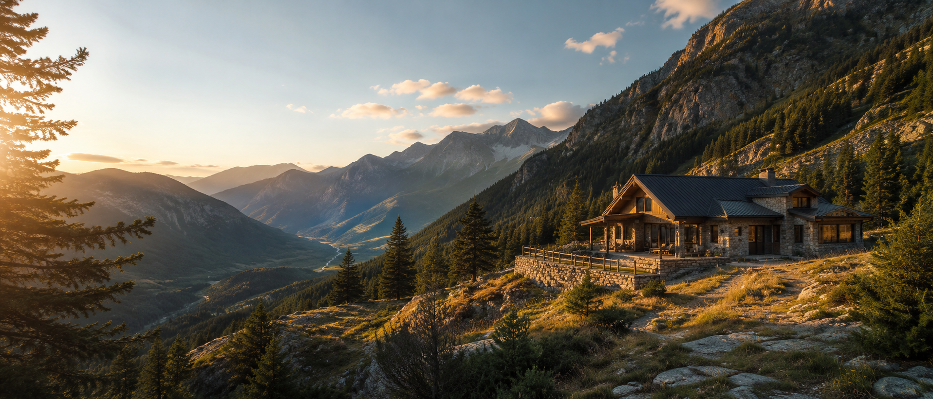 Une maison en pierre au sommet d'une colline entourée de forêts, avec une vue sur des montagnes spectaculaires au coucher du soleil.